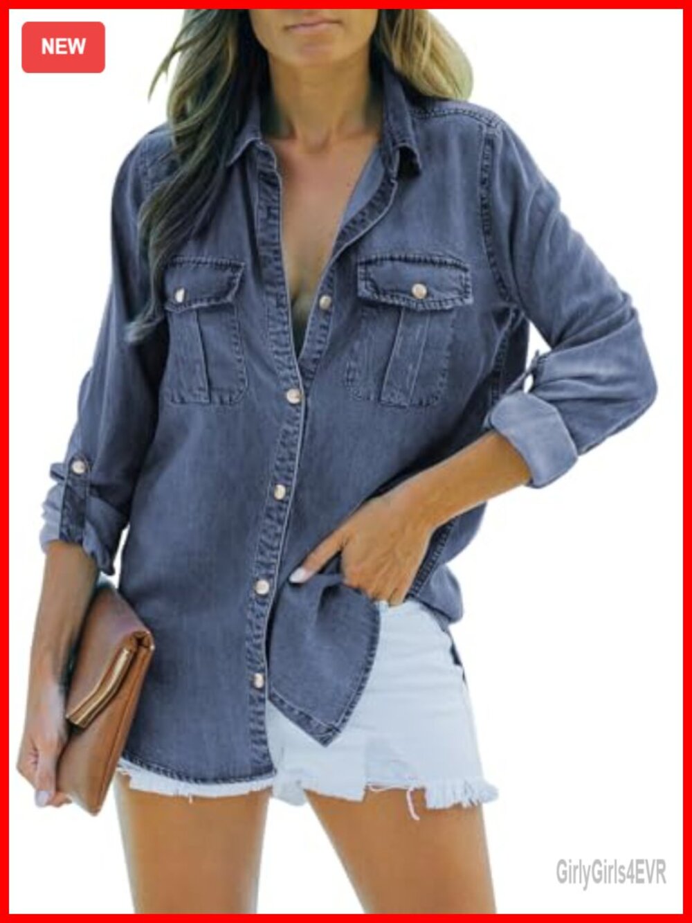 Sidefeel Women's Button Down Denim Shirt Long Sleeve Jean Top